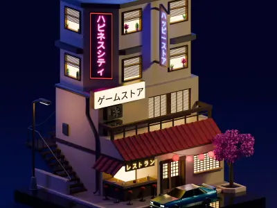 Stylized Japanese City Building Low-poly 3D model