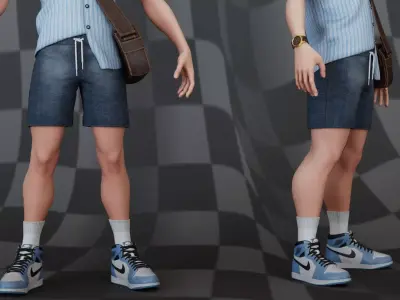 Chibi Boy Shirt shorts Snecker Blue Bag Brown  3D model