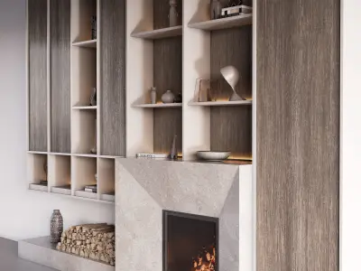 Fireplace with Shelves and Decor 3D model