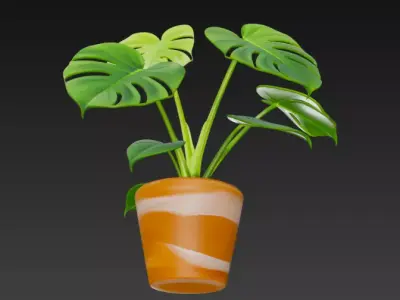 Realistic 3D Monstera Plant in Striped Terracotta Pot 3D model