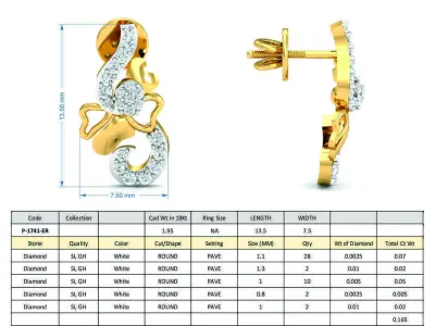 Earring 3dm STL FBX OBJ Render Details diamond pendant gold 3D print model