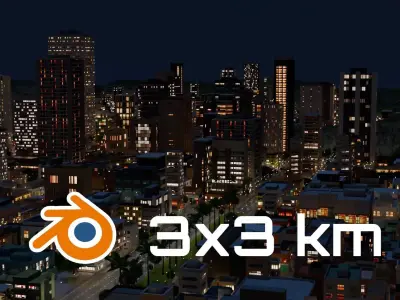 3x3 km Blender City Downtown Skyscraper Street 15 - NIGHT Low-poly 3D model