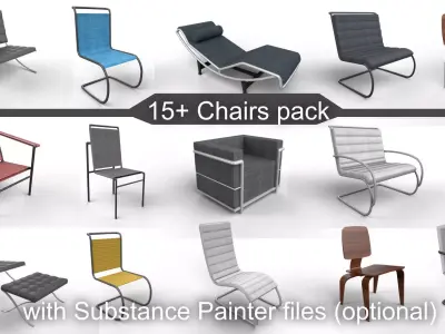 15 plus Chairs pack with optional Substance painter files Low-poly 3D model