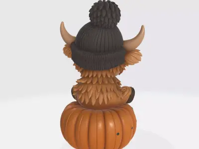 Adorable Highland Cow Sitting on Pumpkin Cute Halloween 3D print model