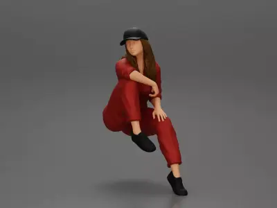 Tired woman mechanic in suit and cap sitting 3D print model