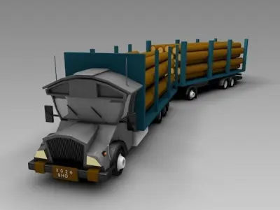 Low Poly Truck semi with logs Low-poly 3D model