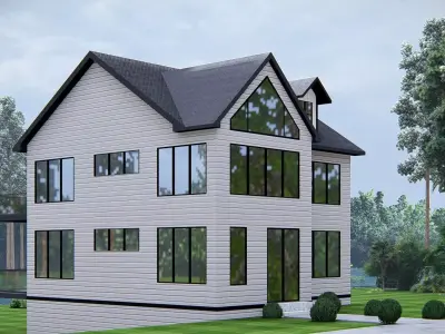 Modern American house exterior design with pitched roof 3D model