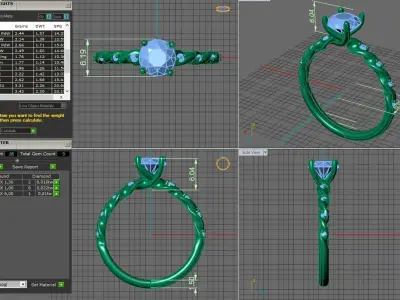 gold engagement ring 6mm central diamond 3D print model