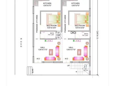 33x40 Feet House Plan AutoCAD DWG Floor Plan 3D model