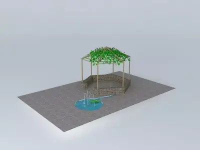 Arbor wooden gazebo with fountain in middle Free 3D model