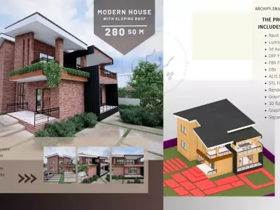 Modern House with Sloping Roof - 280 SQM -  Full Package 3D model