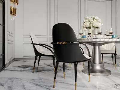 Furniture set dining room with marble floor and chandelier 3D model