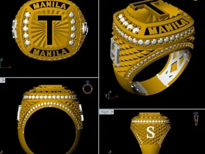 Custom Gold Ring   MANILA T Initial Design with Diamond 3D print model