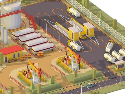 isometric oil field extracting crude big base Low-poly 3D model