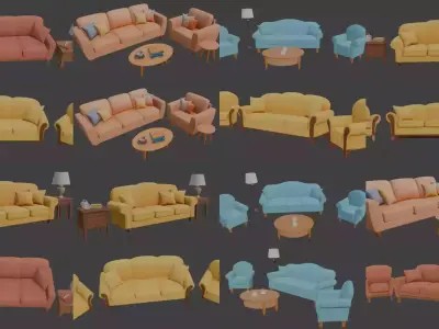 21 Disney Style Cartoon Sofa Set with Side Table and Lamp 3D Model Collection