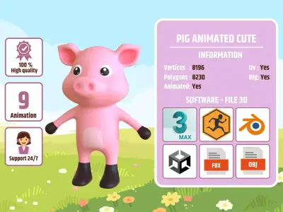 High-Quality 3D Cute Pig - Animated for Games Low-poly 3D model