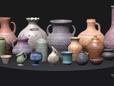 Realistic Game Ready Clay Pottery Set - Ancient Clay Pots Low-poly 3D model