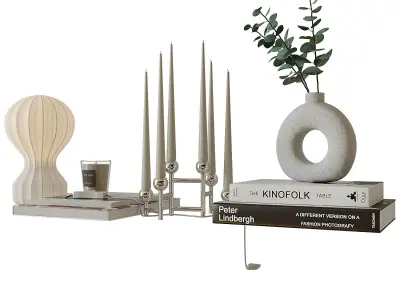 Decorative set 8 candle holder with books and plants 3D model