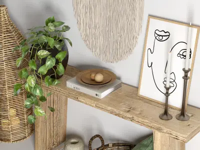 Decor set wooden table with plants and wall hanging 3D model