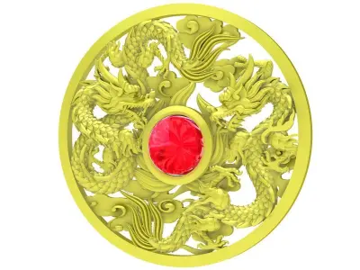 Double Dragon Circle Pendant with Red Cabochon Center 4041 3D print model