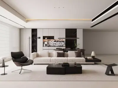 modern light luxury integrated living and dining room spaces 3D model