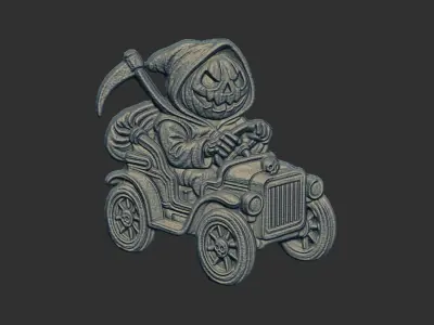 pumpkin grimreaper driving car 3D print model
