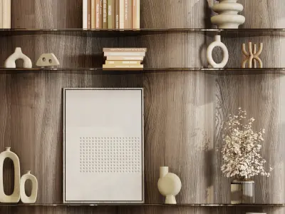 Partition Wave Wooden Shelves Decorative With Book and Plant 19  3D model