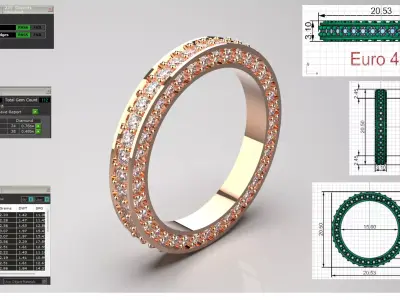 Three-Row Diamond Eternity Band in Rose Gold model rr0032 3D print model