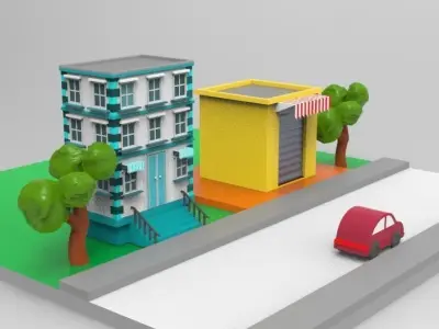 low poly 3d environment street with two buildings and car Low-poly 3D model