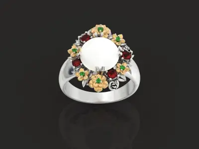  RING with flowers and stones cabochon ring 3D print model