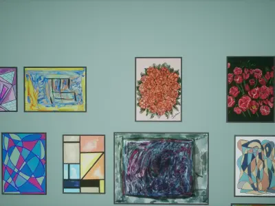 Painting Set Low Poly Game Ready art gallery in virtual world Low-poly 3D model