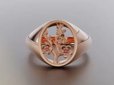 LADIES OVAL SIGNET RING WITH FLOWERS 3D print model
