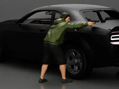 gangster man in hoodie and shorts shooting a gun behind the car 3D print model