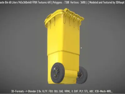 Yellow Plastic Waste Bin 60 Liters 945x360x448 Low-poly 3D model