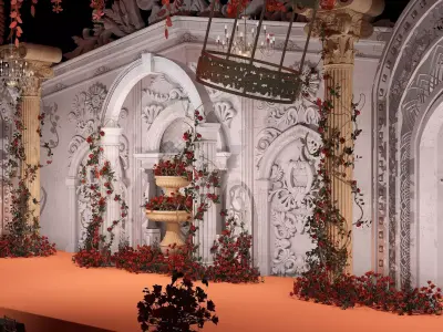 Banquet Hall with Dining Sets and Decorated Scene 3D model