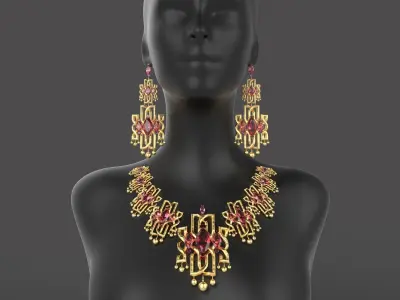 jwellery gold necklace and earrings set on mannequin 3D model