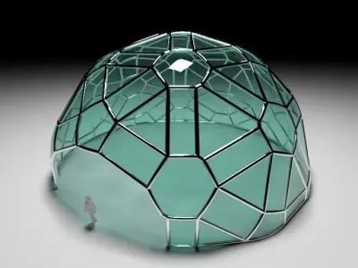 Geodesic Dome Pattern Structure with entry Wireframe and Glass 3D model