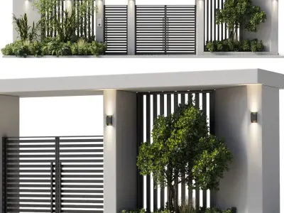 Door outdoor entrance and fence and graden 06 Low-poly 3D model