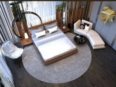 bedroom modern with wooden floors and bed 3D model