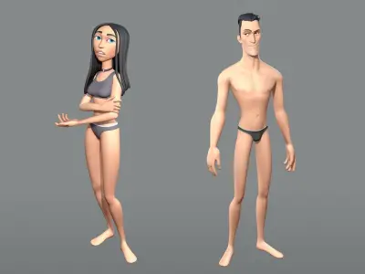 Male and female cartoon characters base mesh Low-poly 3D model