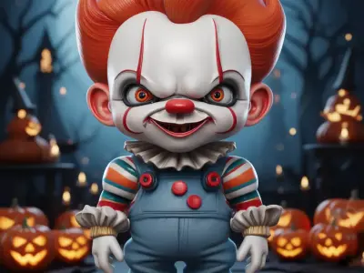 Cute Halloween Clown 3D Cartoon Character Red Hair Outfit Low-poly 3D model