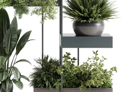 Standing metal shelf with a set of plants in wooden  586 Low-poly 3D model