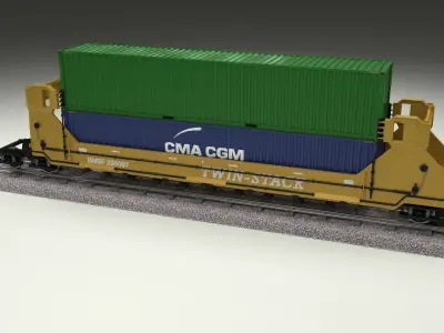 Yellow Train Well Car w Containers 3D model