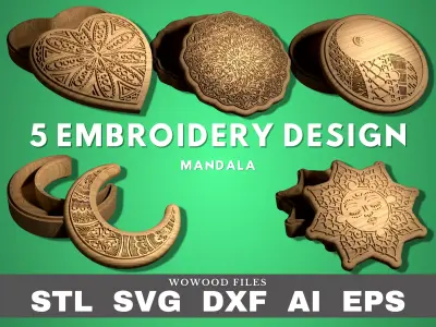 5 mandala boxes for CNC router and 3D printer STL DXF eps svg 3D print model