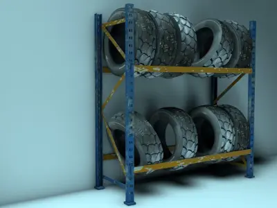 Car tires and a shelf for them Low-poly 3D model