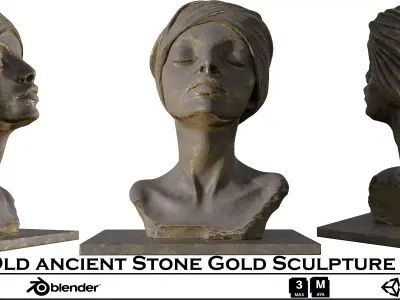  Old Ancient Stone Gold Sculpture   Woman Bust 3D Model Low-poly 3D model