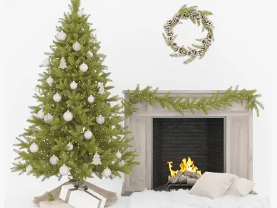 Set Christmas tree 12 wtih fireplace and garland mistletoe 2017 3D model