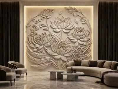 Lotus flowers wall art set relief STL panel carving CNC 262  3D model