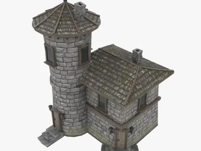 low poly bilding3 stone castle with roof Low-poly 3D model