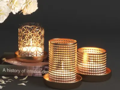 set1229 gold vase with flowers and candles 3D model